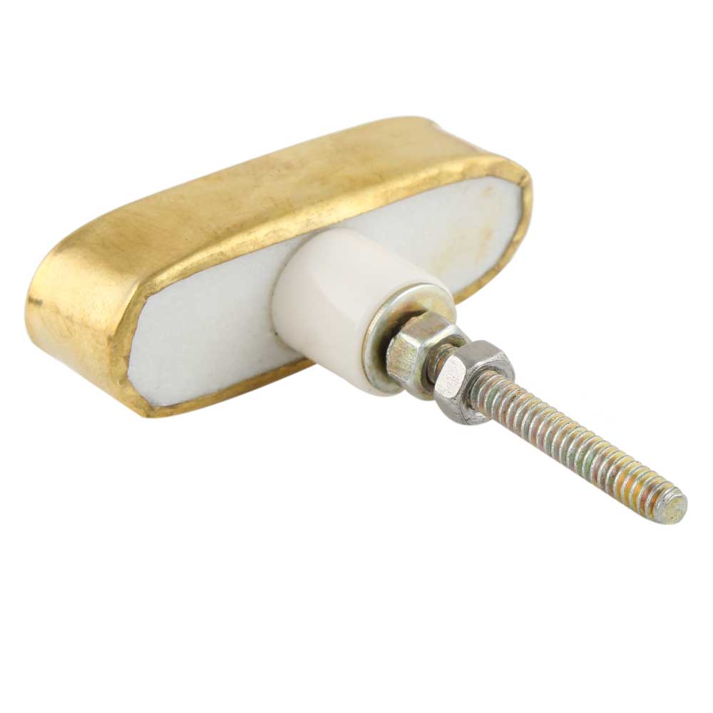 White and Brass Stone Oblong Drawer Knob