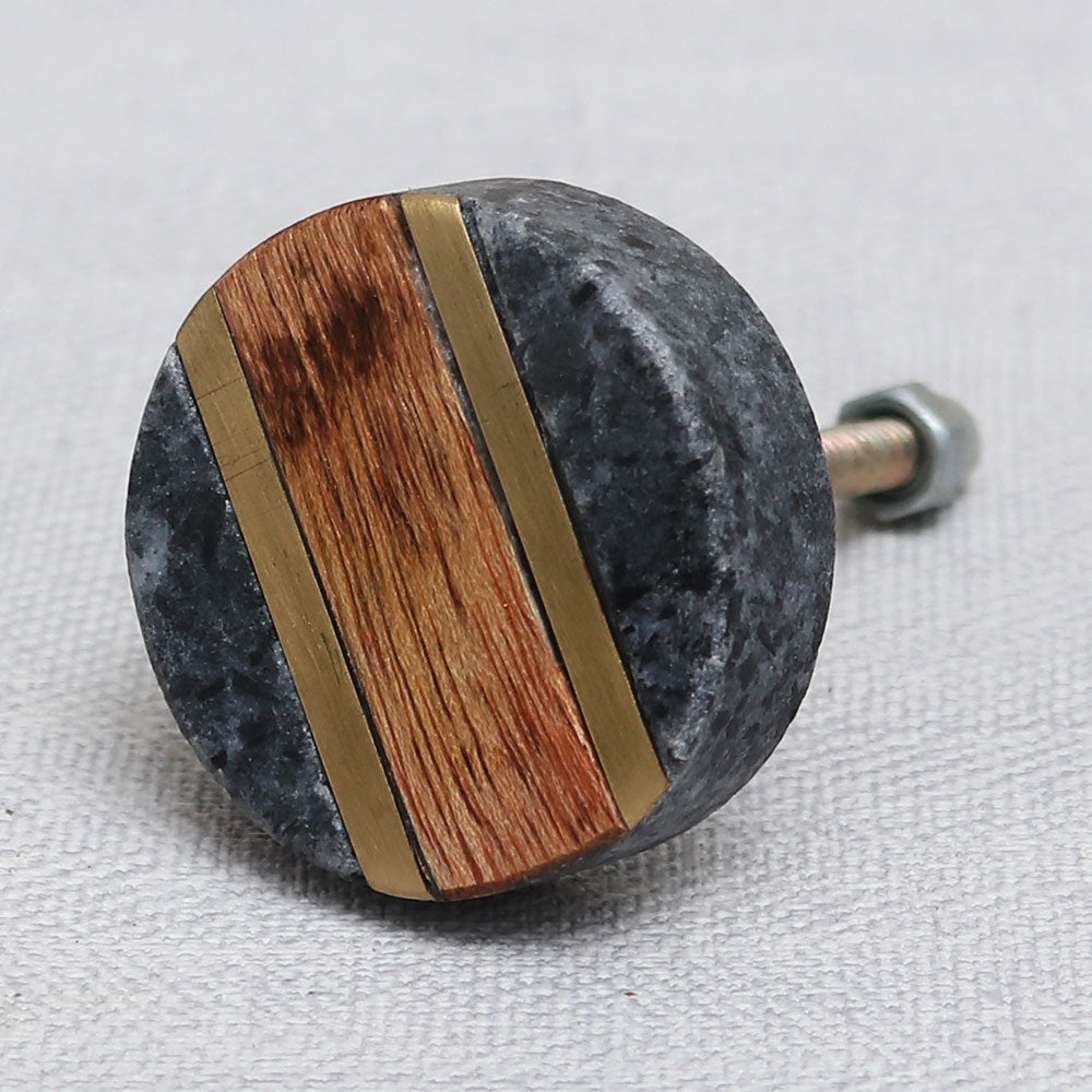 Round Grey Marble and Wood Drawer Knob