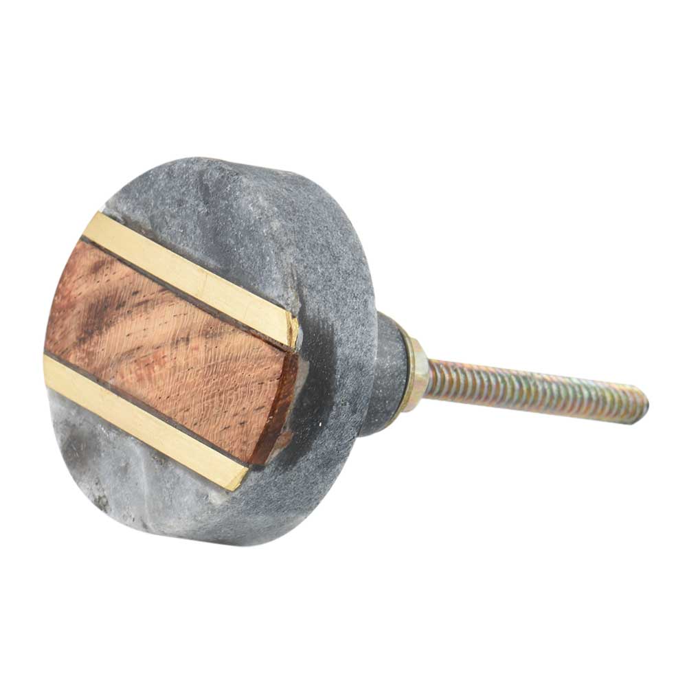 Round Grey Marble and Wood Drawer Knob
